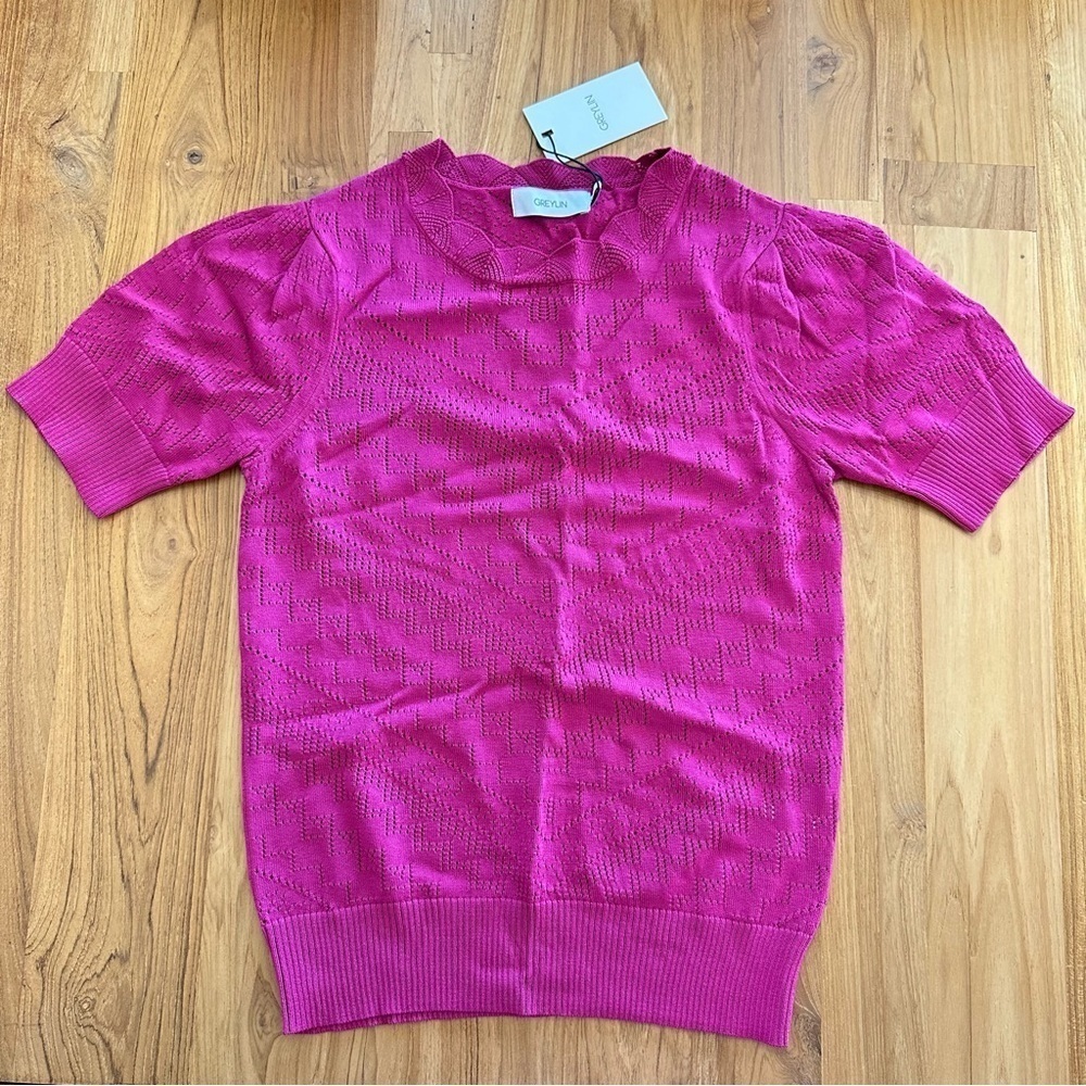 NWT Greylin Magenta Pointelle Knitted Short Sleeve Sweater